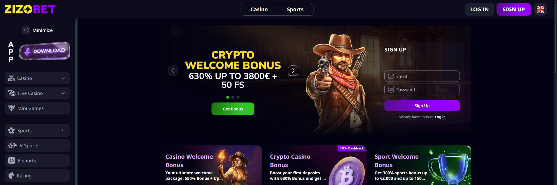 Screenshot of the ZizoBet website